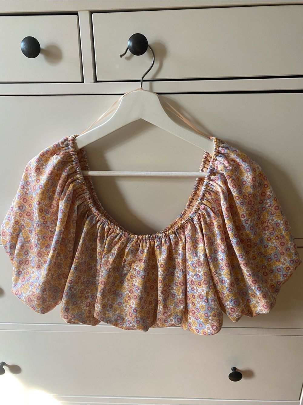 Zara Yellow Floral Smocked Puff-Sleeve Crop Top
